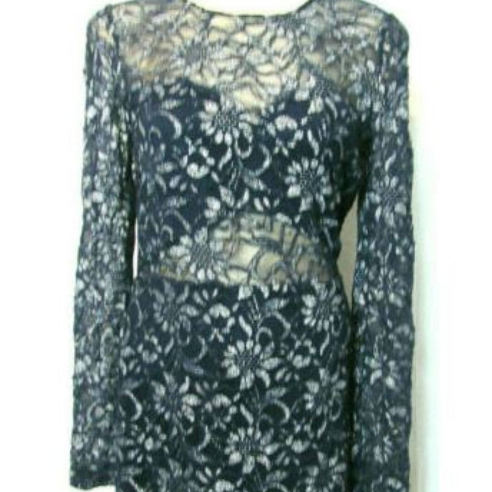 Lacy Lined Long Sleeve M Sexy Navy Blue Dress